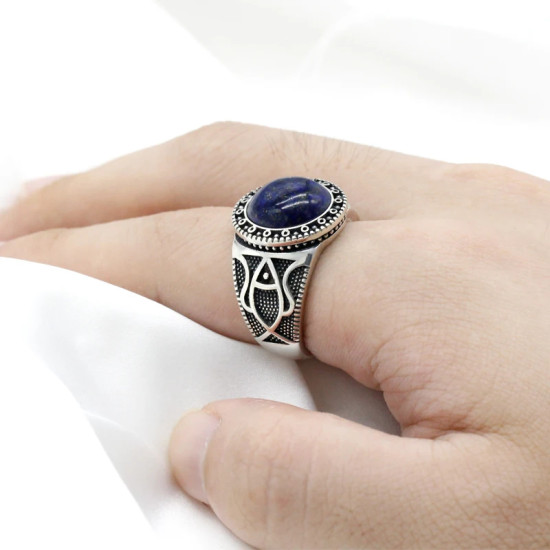 Anillo hecho a mano de plata de ley S925 con lapislázuli natural, ágata natural hecha a mano para hombre, regalo de fiesta navideña - malaquita tienda 36