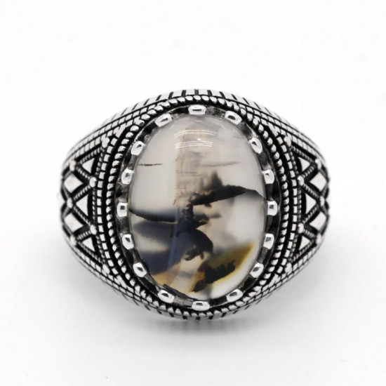 Anillo Vintage de Plata de Ley 925 para hombre, con piedra de ágata Natural ovalada, diseño de rayas a cuadros, anillos turcos, joyería para regalo al marido - malaquita tienda 36