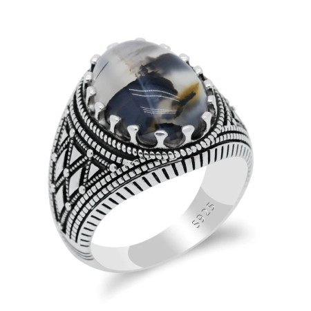 Anillo Vintage de Plata de Ley 925 para hombre, con piedra de ágata Natural ovalada, diseño de rayas a cuadros, anillos turcos, joyería para regalo al marido