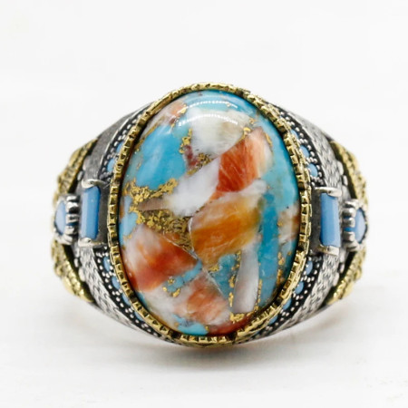 Anillo de Plata de Ley 925 para hombre y mujer, conjunto de joyería de plata tailandesa, con ostra Natural turquesa, Estilo Vintage