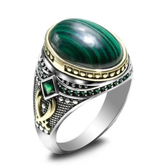 Anillo de Plata de Ley 925 para hombre y mujer, sortija de piedra ovalada de malaquita verde Natural, anillo de sello clásico Simple, joyería para pareja, regalo - malaquita tienda 36