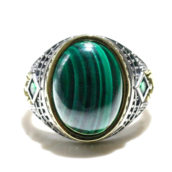 Anillo de Plata de Ley 925 para hombre y mujer, sortija de piedra ovalada de malaquita verde Natural, anillo de sello clásico Simple, joyería para pareja, regalo - malaquita tienda 36