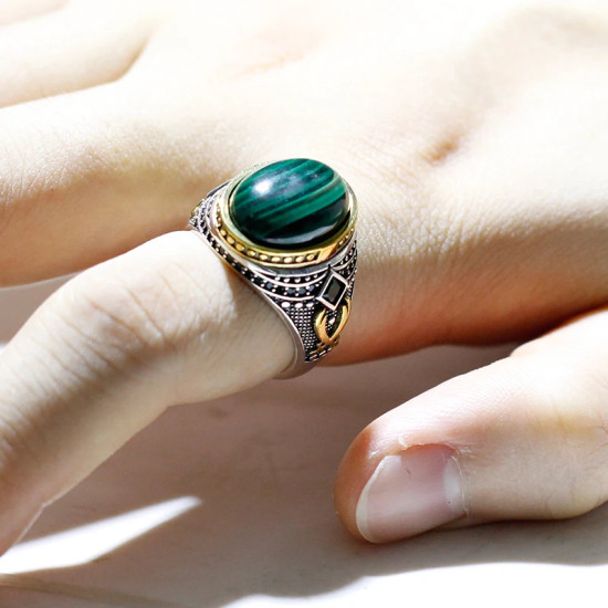 Anillo de Plata de Ley 925 para hombre y mujer, sortija de piedra ovalada de malaquita verde Natural, anillo de sello clásico Simple, joyería para pareja, regalo - malaquita tienda 36