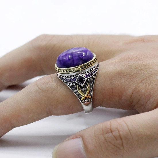 Anillo de plata S925 para hombre, piedra de dragón púrpura natural, lujo ligero, regalo de joyería para fiesta y vacaciones - malaquita tienda 36