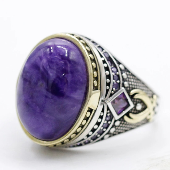Anillo de plata S925 para hombre, piedra de dragón púrpura natural, lujo ligero, regalo de joyería para fiesta y vacaciones - malaquita tienda 36