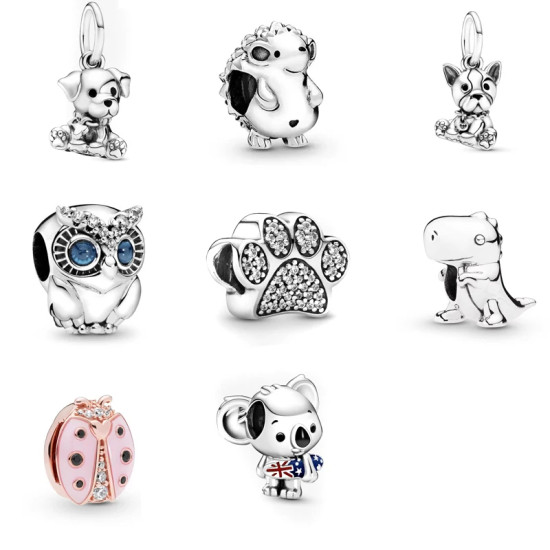 Cuentas colgantes de plata S925 de la serie Animal, regalo de Festival, recuerdo de Animal, perro, dinosaurio, erizo, búho, Koala, Mariquita de siete estrellas - malaquita tienda 36