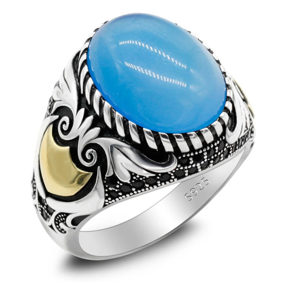 Anillo de plata de ley S925 estilo Türkiye para hombre, piedra de ágata azul Natural, joyería Punk Vintage, regalo de aniversario de lujo para mujer - malaquita tienda 36