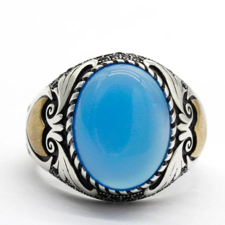 Anillo de plata de ley S925 estilo Türkiye para hombre, piedra de ágata azul Natural, joyería Punk Vintage, regalo de aniversario de lujo para mujer