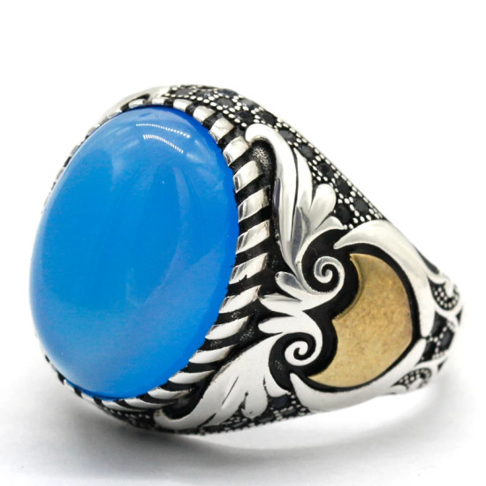 Anillo de plata de ley S925 estilo Türkiye para hombre, piedra de ágata azul Natural, joyería Punk Vintage, regalo de aniversario de lujo para mujer - malaquita tienda 36