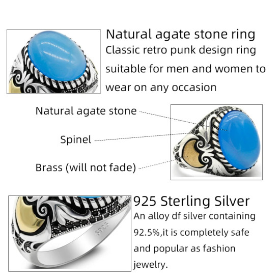 Anillo de plata de ley S925 estilo Türkiye para hombre, piedra de ágata azul Natural, joyería Punk Vintage, regalo de aniversario de lujo para mujer - malaquita tienda 36