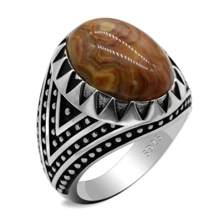 Anillo Vintage para hombre, anillo de plata 925, piedra de ágata loca Natural, tendencia auspiciosa Punk, joyería turca hecha a mano, regalo de boda
