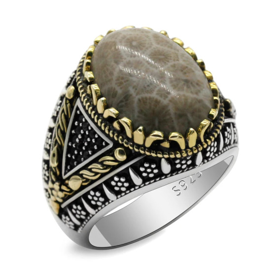 Nuevo Anillo ovalado de plata 925 con piedra de Coral Natural, joyería clásica a la moda, anillo de fiesta de tendencia Punk turco adecuado para/familia/pareja - malaquita tienda 36