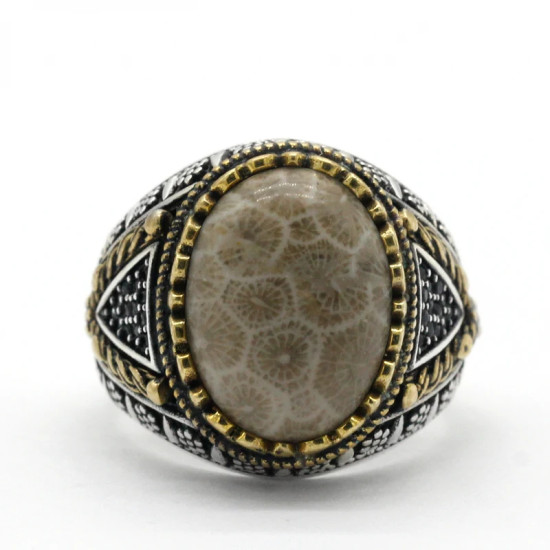 Nuevo Anillo ovalado de plata 925 con piedra de Coral Natural, joyería clásica a la moda, anillo de fiesta de tendencia Punk turco adecuado para/familia/pareja - malaquita tienda 36