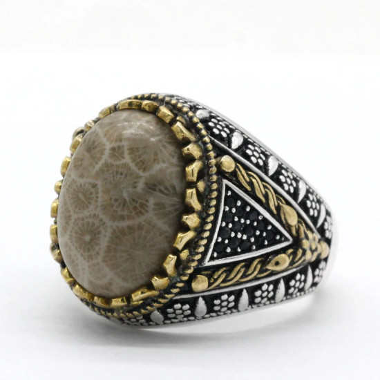 Nuevo Anillo ovalado de plata 925 con piedra de Coral Natural, joyería clásica a la moda, anillo de fiesta de tendencia Punk turco adecuado para/familia/pareja - malaquita tienda 36