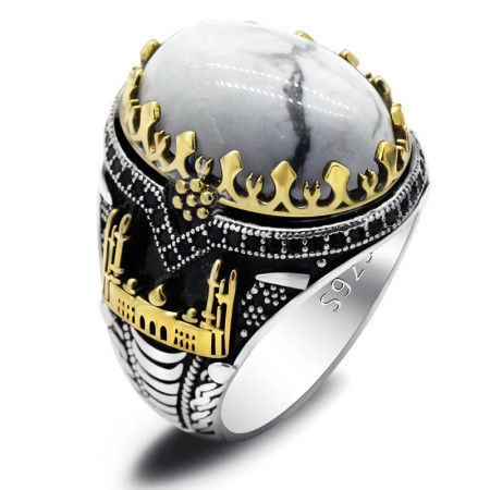 Anillos de plata de ley 925 con turquesa blanca Natural para hombre, moda Punk turca, anillos de boda de compromiso para hombre y mujer, joyería Anillos de plata de ley 925 con turquesa blanca Natural para hombre, moda Punk turca, anillos de boda de compromiso para hombre y mujer, joyería