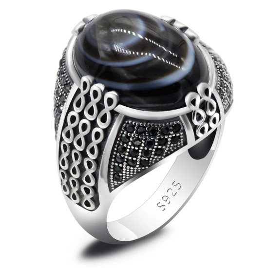 Anillo de Plata de Ley 925 para hombre, anillo de piedra de ágata de ojo Natural, joyería de estilo Punk turco clásico Retro, anillo de plata con piedra - malaquita tienda 36