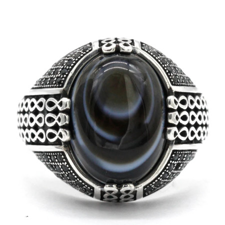 Anillo de Plata de Ley 925 para hombre, anillo de piedra de ágata de ojo Natural, joyería de estilo Punk turco clásico Retro, anillo de plata con piedra