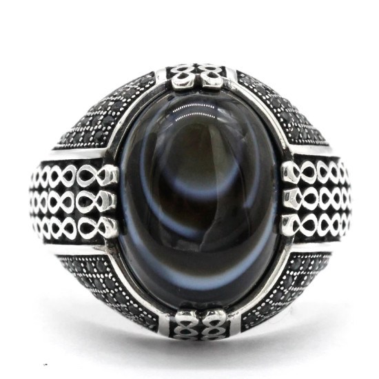 Anillo de Plata de Ley 925 para hombre, anillo de piedra de ágata de ojo Natural, joyería de estilo Punk turco clásico Retro, anillo de plata con piedra - malaquita tienda 36