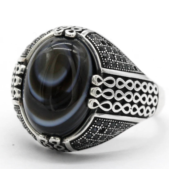 Anillo de Plata de Ley 925 para hombre, anillo de piedra de ágata de ojo Natural, joyería de estilo Punk turco clásico Retro, anillo de plata con piedra - malaquita tienda 36