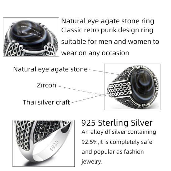 Anillo de Plata de Ley 925 para hombre, anillo de piedra de ágata de ojo Natural, joyería de estilo Punk turco clásico Retro, anillo de plata con piedra - malaquita tienda 36