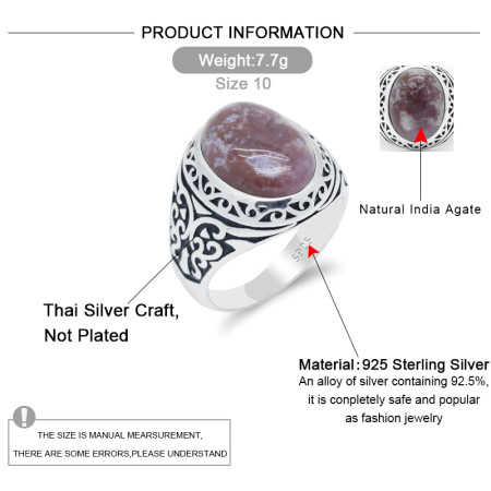 Anillo hecho a mano de plata pura S925, anillo ovalado redondo con piedras preciosas naturales para hombre, regalo, joyería retro de lujo de alta gama