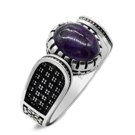 Anillo hecho a mano de plata de ley S925 para hombre, regalo de fiesta de vacaciones clásico Retro de cristal de dragón púrpura Natural de Türkiye