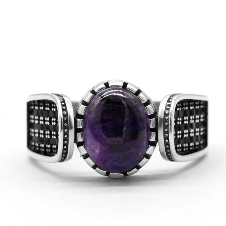 Anillo hecho a mano de plata de ley S925 para hombre, regalo de fiesta de vacaciones clásico Retro de cristal de dragón púrpura Natural de Türkiye