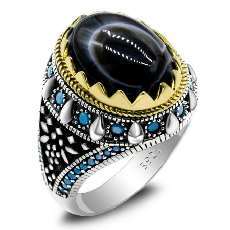 Joyería turca, anillo de Plata de Ley 925 con piedra de ónix de ojo Natural para hombre con piedra, anillos Vintage de estilo Punk turquesa para hombre y mujer Joyería turca, anillo de Plata de Ley 925 con piedra de ónix de ojo Natural para hombre con piedra, anillos Vintage de estilo Punk turquesa para hombre y mujer