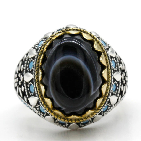 Joyería turca, anillo de Plata de Ley 925 con piedra de ónix de ojo Natural para hombre con piedra, anillos Vintage de estilo Punk turquesa para hombre y mujer Joyería turca, anillo de Plata de Ley 925 con piedra de ónix de ojo Natural para hombre con piedra, anillos Vintage de estilo Punk turquesa para hombre y mujer