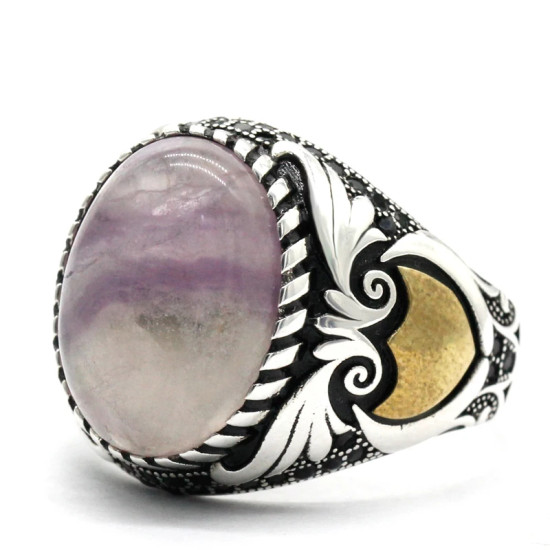 Anillos de plata de ley 925 para hombre, conjunto clásico Vintage de Turquía, anillos de piedra grandes de fluorita Natural, anillos de plata para hombre con piedras - malaquita tienda 36