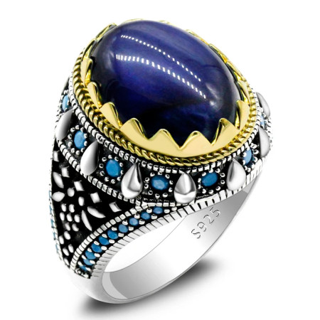 Joyería turca, nuevo anillo para hombre, ojo de tigre azul Natural, Plata de Ley 925, anillo Vintage de estilo Punk turquesa para hombre y mujer Joyería turca, nuevo anillo para hombre, ojo de tigre azul Natural, Plata de Ley 925, anillo Vintage de estilo Punk turquesa para hombre y mujer