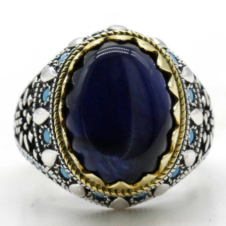 Joyería turca, nuevo anillo para hombre, ojo de tigre azul Natural, Plata de Ley 925, anillo Vintage de estilo Punk turquesa para hombre y mujer Joyería turca, nuevo anillo para hombre, ojo de tigre azul Natural, Plata de Ley 925, anillo Vintage de estilo Punk turquesa para hombre y mujer