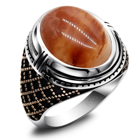 Anillo de joyería turca para hombre, piedra grande, piedra de cuarzo Natural roja, Plata de Ley 925, oro rosa, anillo de plata para hombre con piedra - malaquita tienda 36