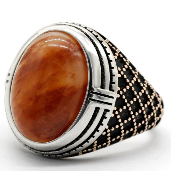 Anillo de joyería turca para hombre, piedra grande, piedra de cuarzo Natural roja, Plata de Ley 925, oro rosa, anillo de plata para hombre con piedra - malaquita tienda 36