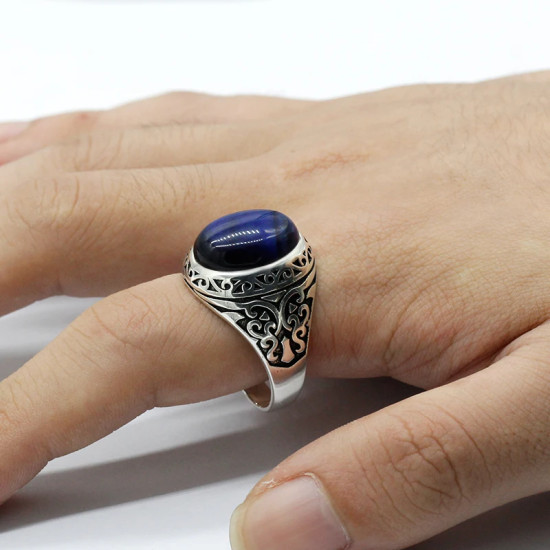 Anillo de plata de ley S925, regalo de ojo de tigre azul Natural para hombres, estilo Punk Türkiye, regalo de fiesta, joyería de compromiso de cumpleaños - malaquita tienda 36