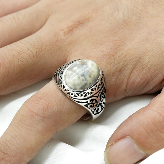 Anillo de ágata loca Natural de Plata de Ley 925 para hombres y mujeres, joyería hecha a mano de tendencia turca de estilo Punk clásico Simple - malaquita tienda 36