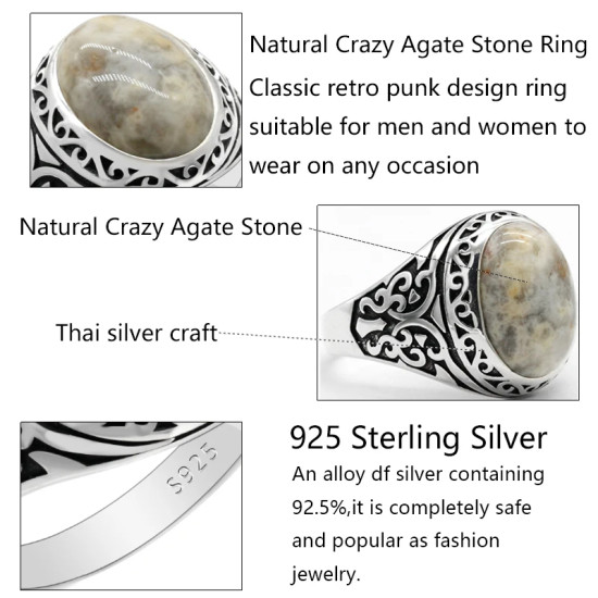 Anillo de ágata loca Natural de Plata de Ley 925 para hombres y mujeres, joyería hecha a mano de tendencia turca de estilo Punk clásico Simple - malaquita tienda 36