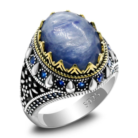Anillo de plata S925 de cristal azul Natural hecho a mano para hombre, joyería auténtica de lujo Vintage Türkiye, regalo de aniversario para fiesta y Festival