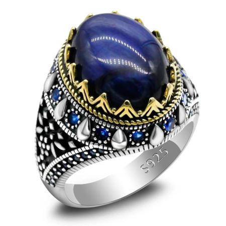 Joyería turca, anillo de Plata de Ley 925 con ojo de tigre azul Natural para hombre, anillos de joyería para hombre y mujer estilo Punk de circón Vintage Joyería turca, anillo de Plata de Ley 925 con ojo de tigre azul Natural para hombre, anillos de joyería para hombre y mujer estilo Punk de circón Vintage