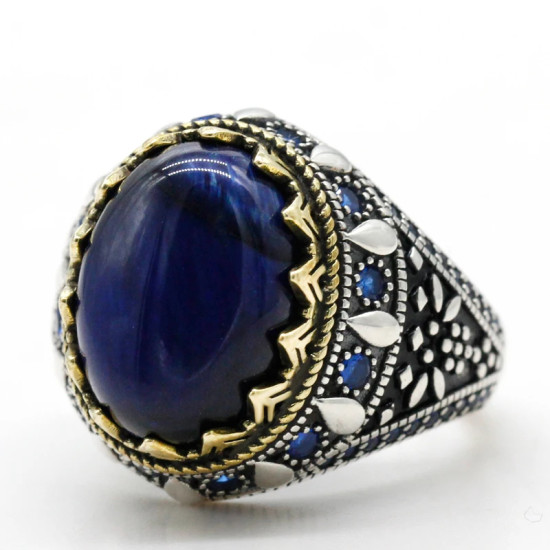Joyería turca, anillo de Plata de Ley 925 con ojo de tigre azul Natural para hombre, anillos de joyería para hombre y mujer estilo Punk de circón Vintage - malaquita tienda 36
