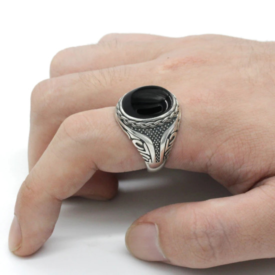 Anillo de plata de ley S925 con ágata Natural negra para hombre, joyería Punk turca Vintage, conjunto de joyería de tendencia, anillos para parejas, anillos para mujer - malaquita tienda 36