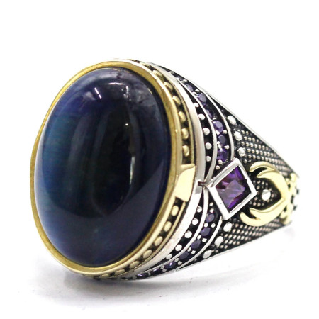 Anillo de plata S925, anillo de ojo de tigre azul para hombres, joyería de diseño tallado, regalo de cumpleaños único hecho a mano