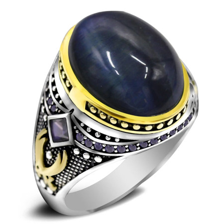 Anillo de plata S925, anillo de ojo de tigre azul para hombres, joyería de diseño tallado, regalo de cumpleaños único hecho a mano