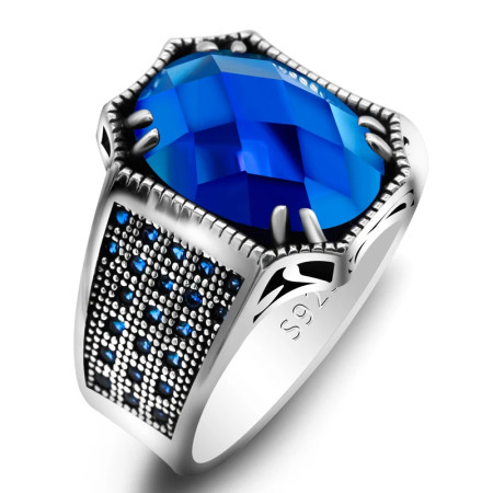 Anillo de plata de ley S925 con gema azul de corte A de grado, joyería de fiesta hecha a mano para regalo de Festival de Türkiye para hombres