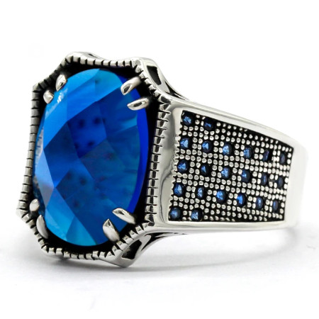 Anillo de plata de ley S925 con gema azul de corte A de grado, joyería de fiesta hecha a mano para regalo de Festival de Türkiye para hombres