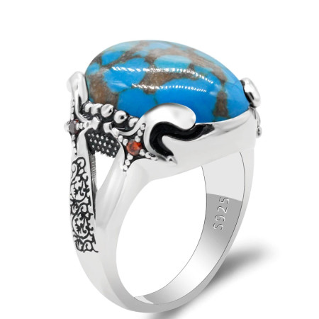 Anillo de Plata de Ley 925 pura con piedra turquesa Natural para hombre, anillo de sello con líneas de garra estampadas, anillo de fiesta Vintage, joyería fina