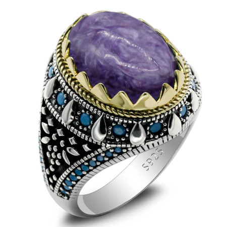 Anillo de plata pura S925, cristal de dragón púrpura natural vintage, lujoso estilo punk, regalo hecho a mano para hombres