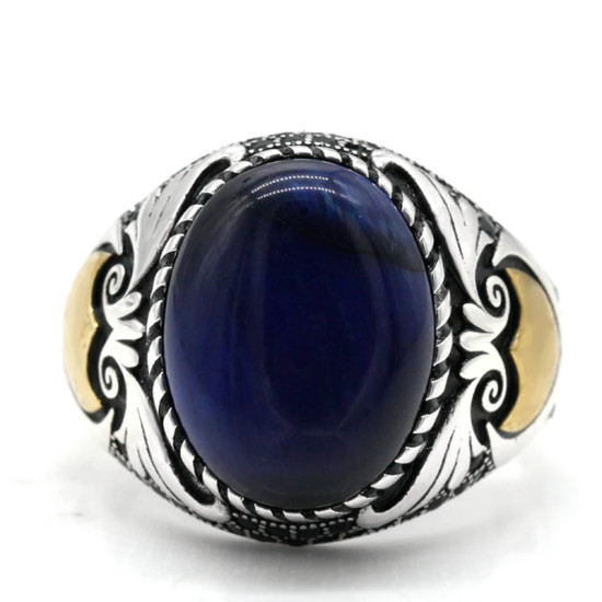 Anillo de plata de ley S925, ojo de tigre azul Natural hecho a mano, anillo de regalo de lujo para fiesta de vacaciones Punk Türkiye - malaquita tienda 36