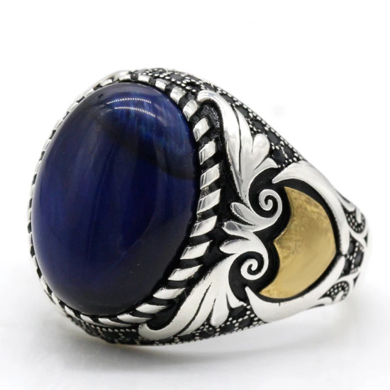Anillo de plata de ley S925, ojo de tigre azul Natural hecho a mano, anillo de regalo de lujo para fiesta de vacaciones Punk Türkiye - malaquita tienda 36