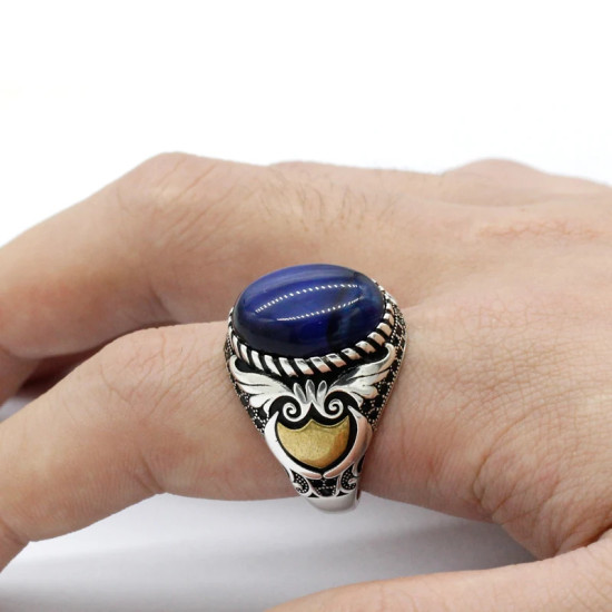 Anillo de plata de ley S925, ojo de tigre azul Natural hecho a mano, anillo de regalo de lujo para fiesta de vacaciones Punk Türkiye - malaquita tienda 36